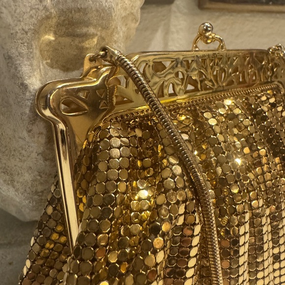 VTG 1940s Whiting‎ & Davis Gold Mesh Flapper Bag Purse | Brass Pierced Frame - Picture 5 of 11